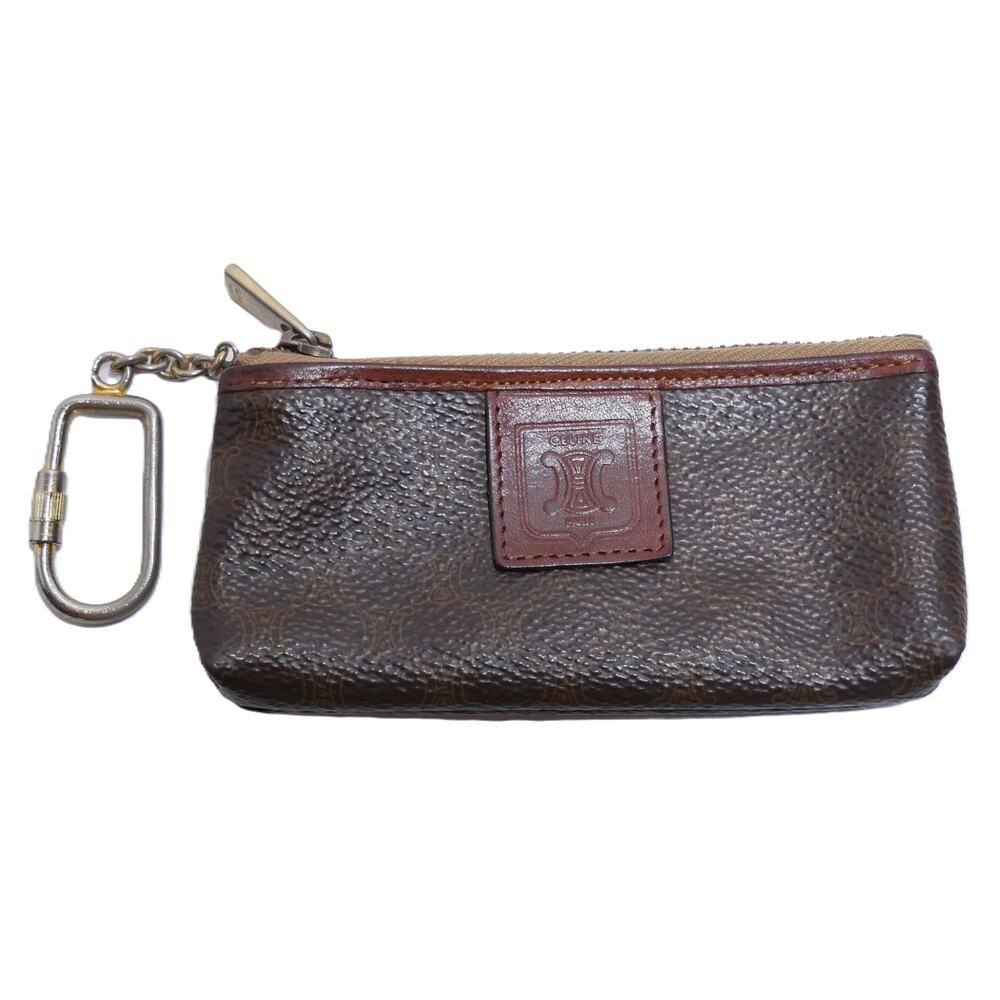 AUTHENTIC CELINE VINTAGE MACADAM LEATHER ZIP COIN POUCH WALLET BROWN